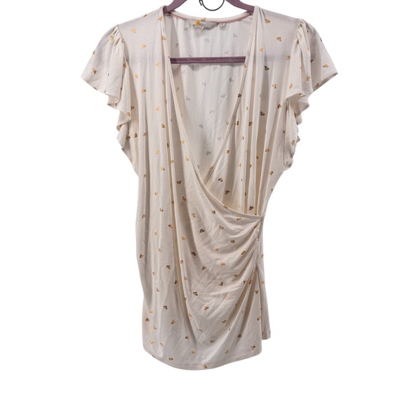 Boden Tops - Boden Cream Gold Heart Print Flutter Sleeve‎ Wrap Top Women's US 8